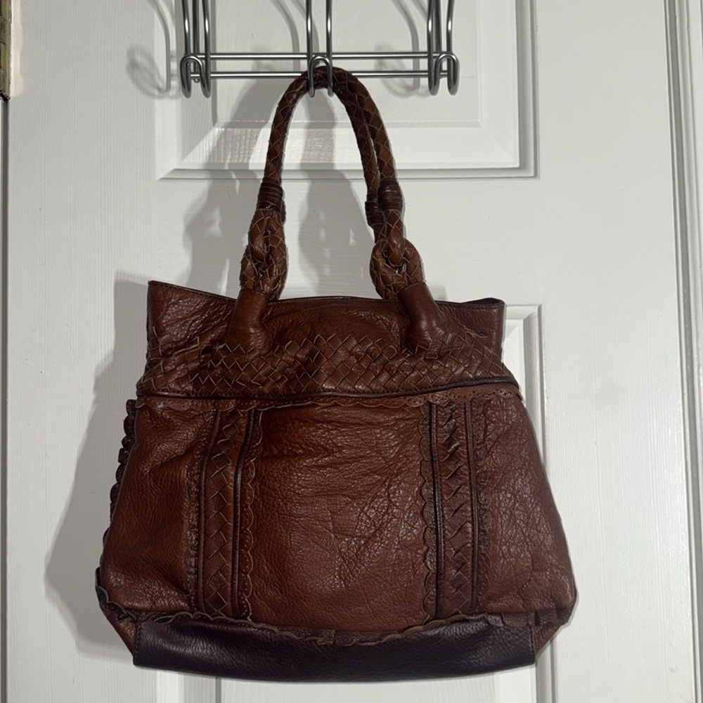 Elliott Luca Brown Pebbled Leather w/ Woven Details Everyday Medium Size Handbag - Picture 8 of 12